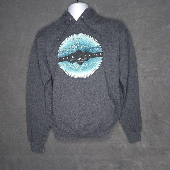 Jerzees Lake Tahoe Mens Graphic Hoodie M Gray Outdoor Pullover Sweatshirt - Picture 2 of 6